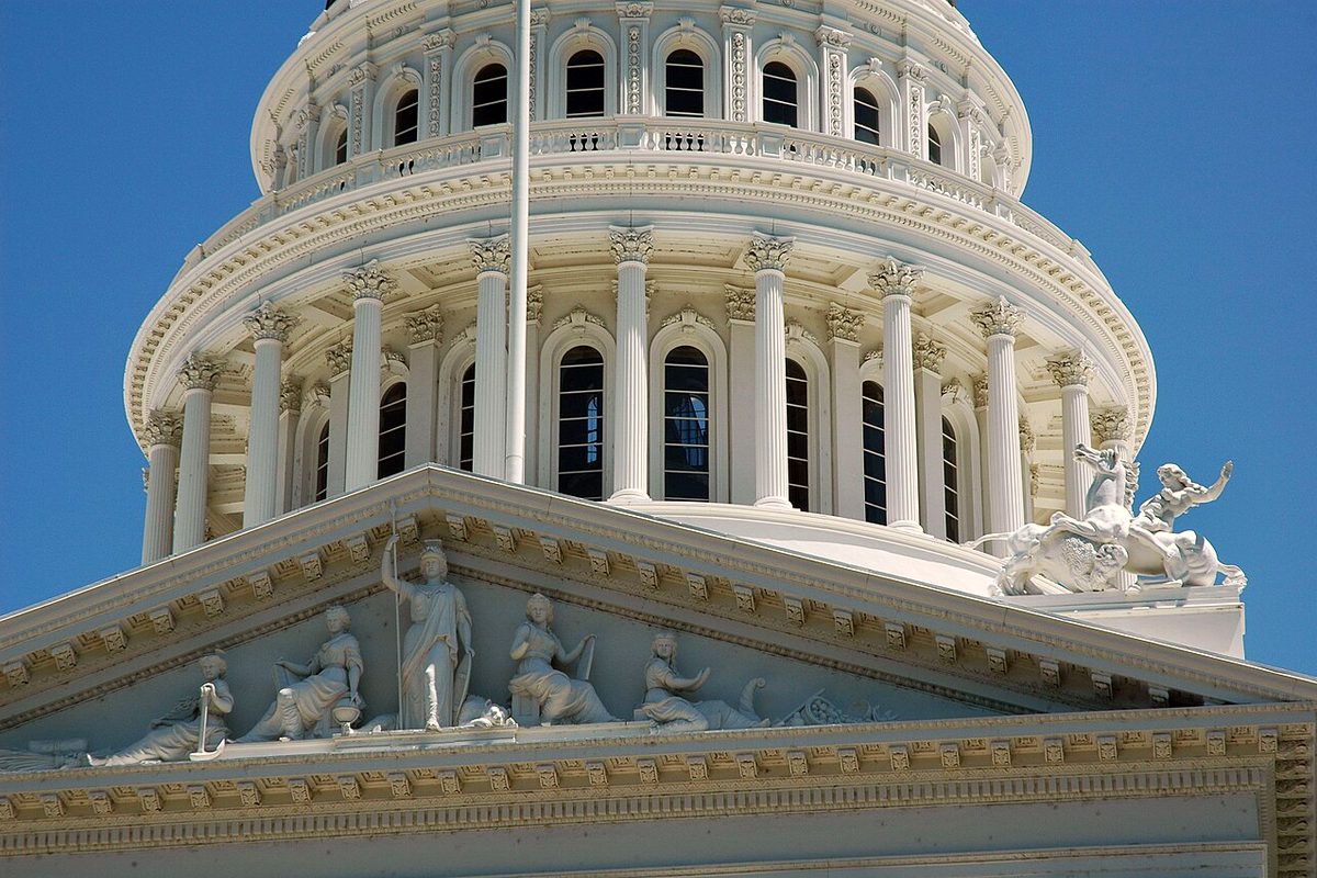 Dome and sculpted pediment of the California State Capitol in Sacramento