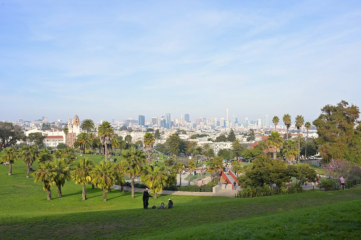 Mission Dolores Park and the downtown San Francisco skyline on a clear day