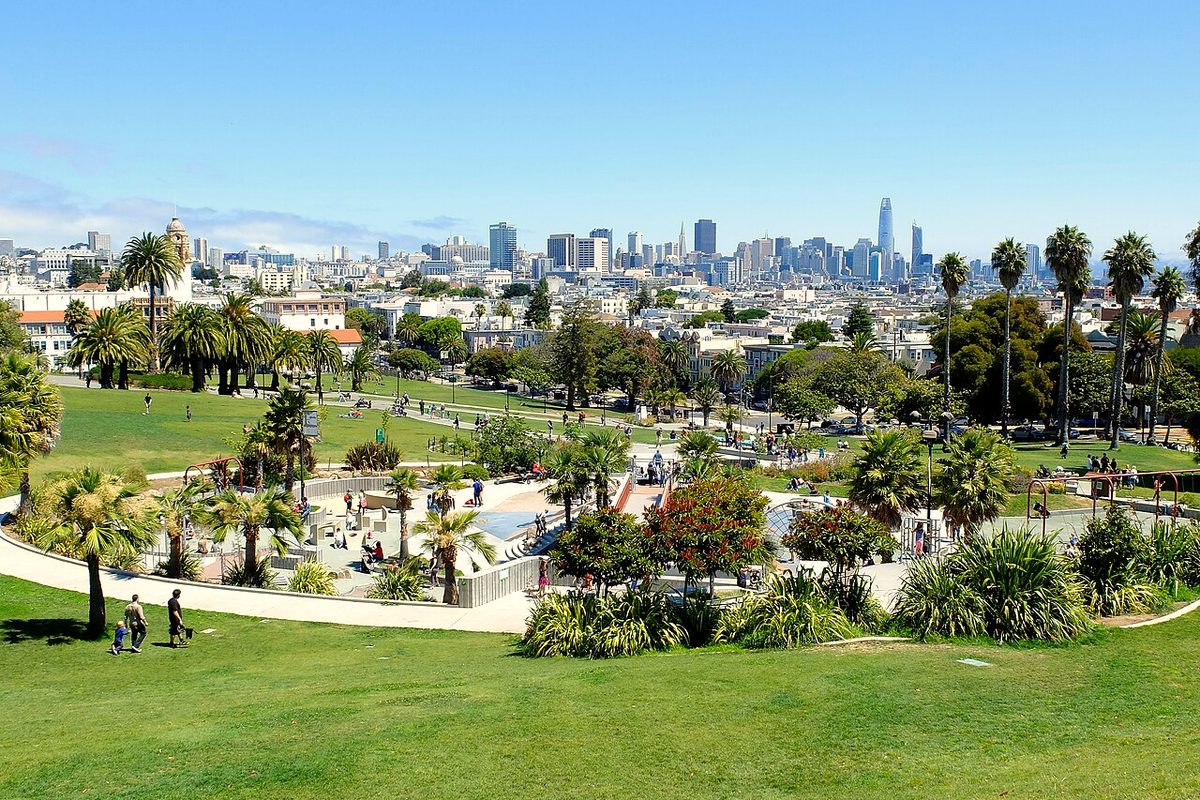 Palm trees and the San Francisco skyline from the top of Mission Dolores Park on a sunny day