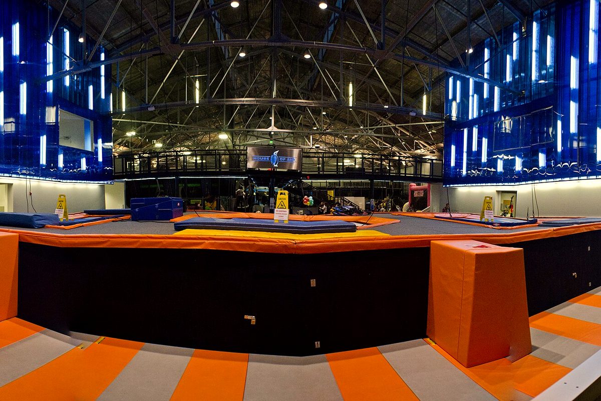 Trampoline courts inside House of Air, in a former hangar at Crissy Field in the Presidio