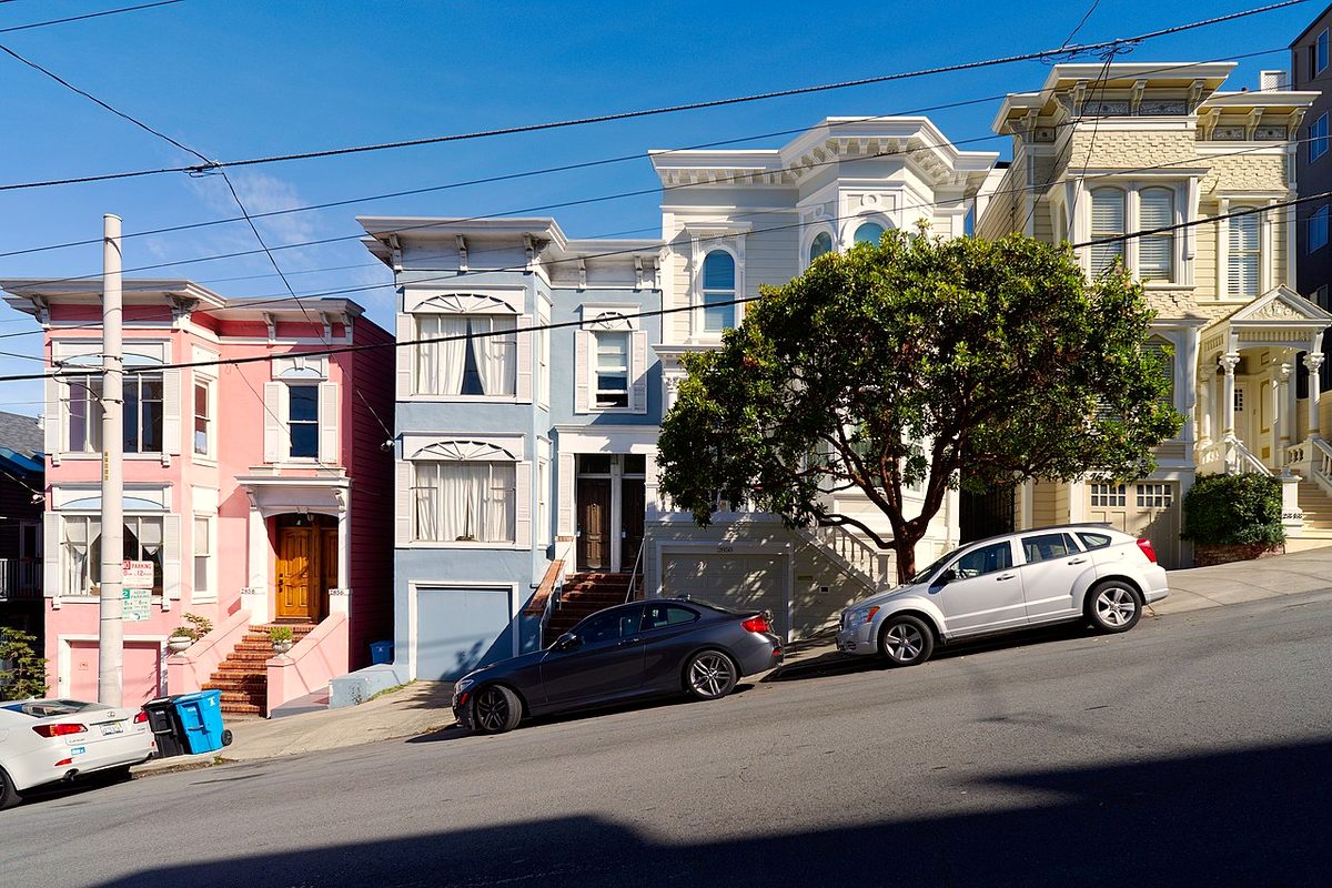 Colorful Victorian houses on a sunny street in Pacific Heights, San Francisco